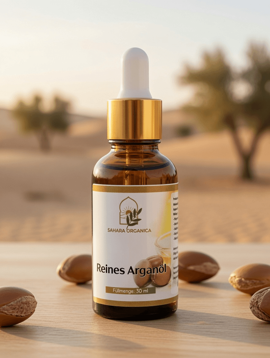 Reines Bio-Arganöl 30 ml von Sahara Organica mit Arganfrüchten